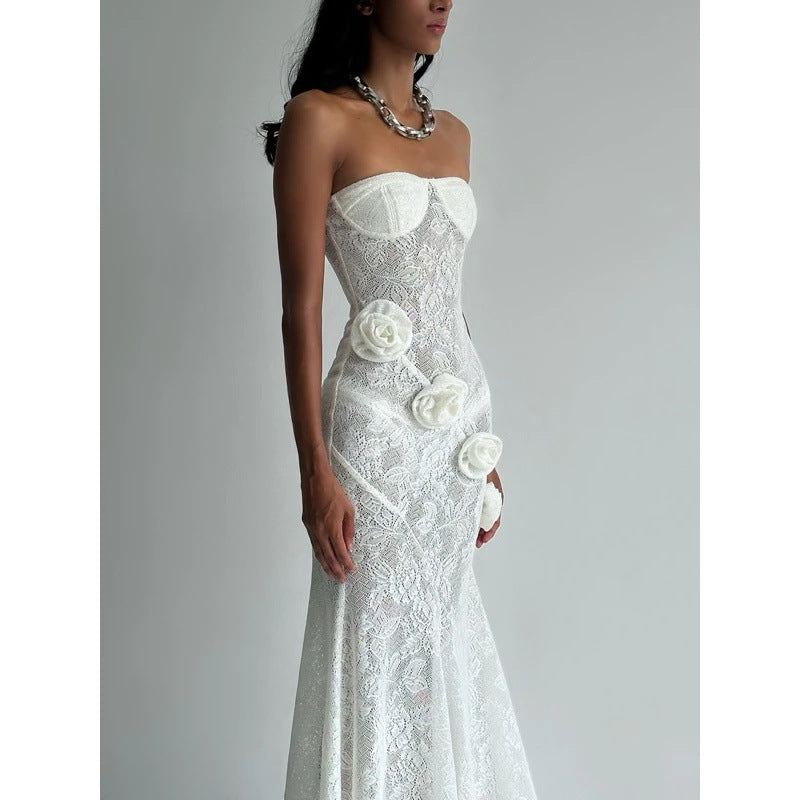 Sheer Lace Dress with Three-Dimensional Floral Skirt - White