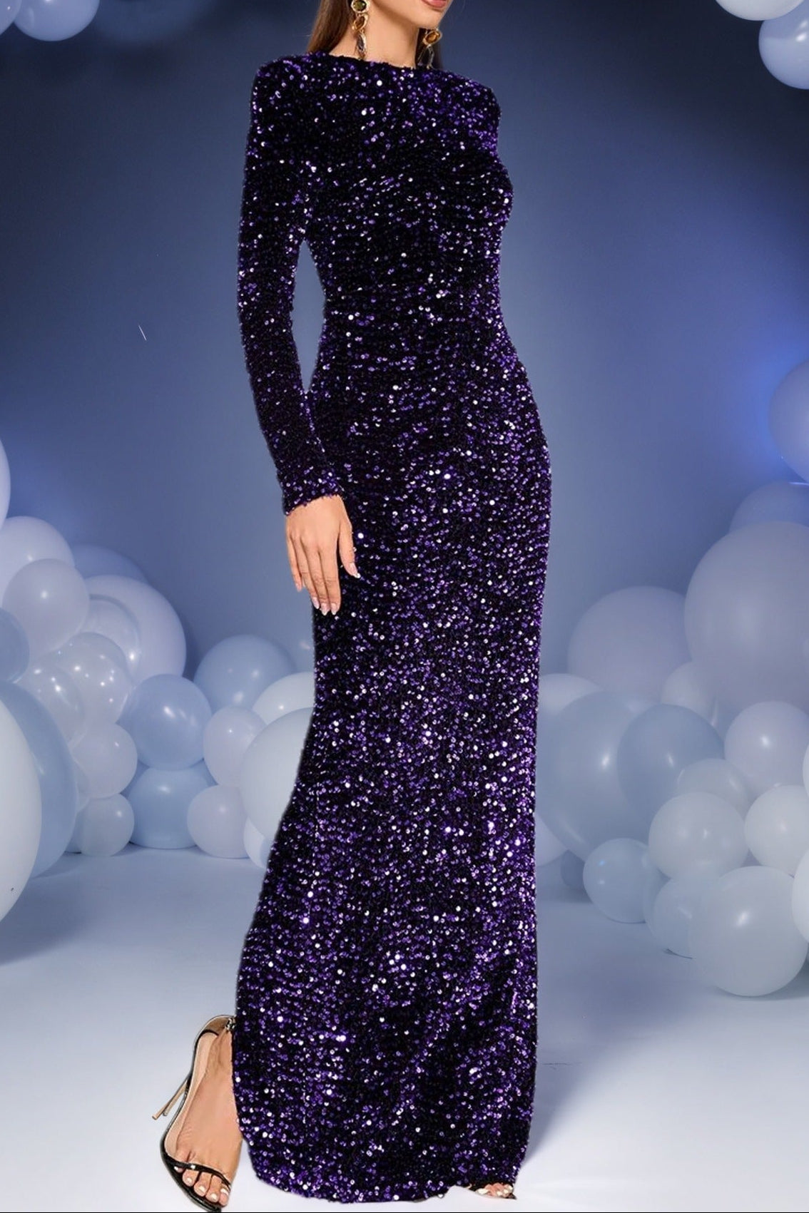 Long Sleeve Split Hem Sequin Maxi Dress in Purple