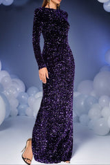 Long Sleeve Split Hem Sequin Maxi Dress in Purple