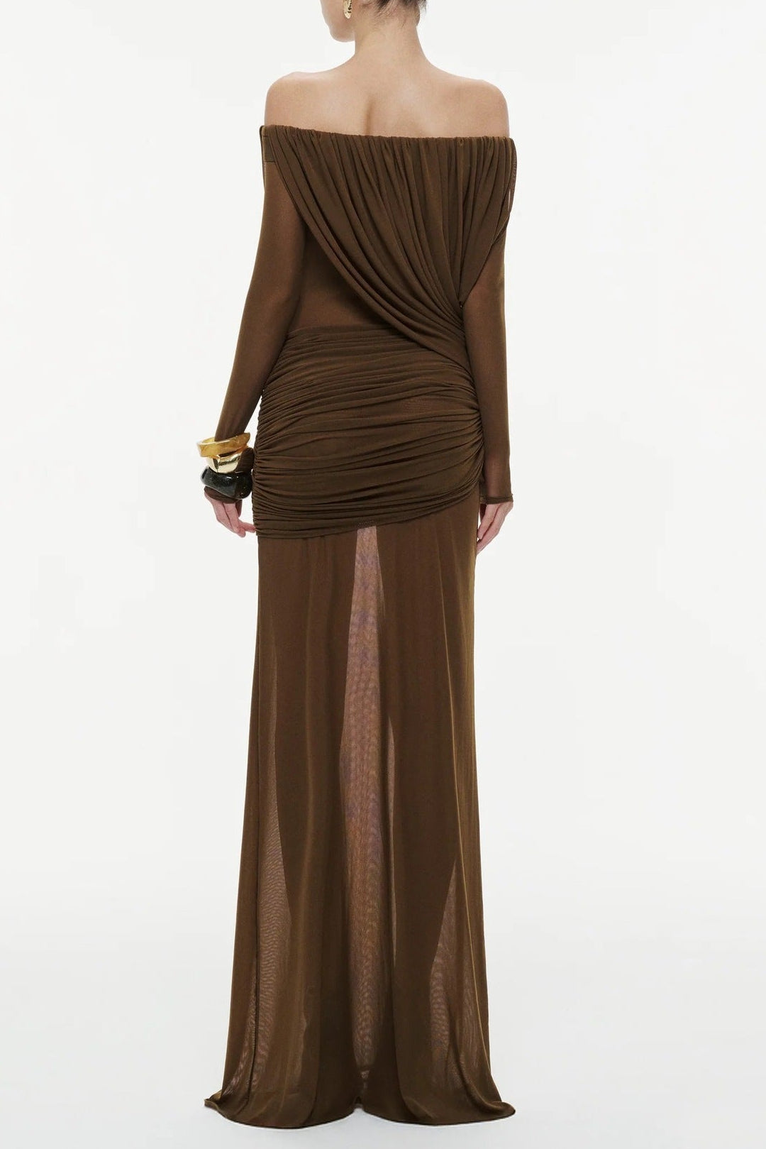 Cara Off-Shoulder Long Sleeve Mesh Maxi Dress in Brown