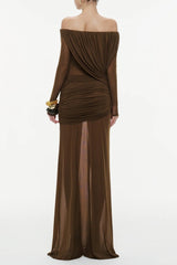 Cara Off-Shoulder Long Sleeve Mesh Maxi Dress in Brown
