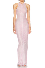 Hollow Mesh Rhinestone Sleeveless Maxi Dress in Pink