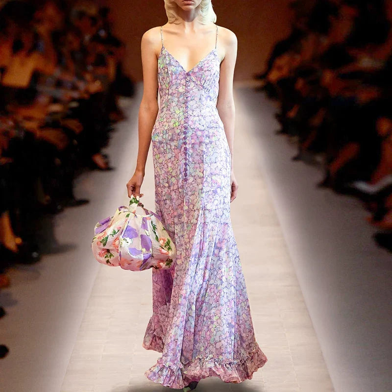 Pink Floral V-Neck Ruffle Maxi Dress