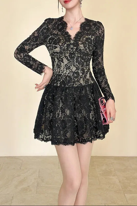 Black Lace Hollow Long Sleeve A-Line Mini Dress