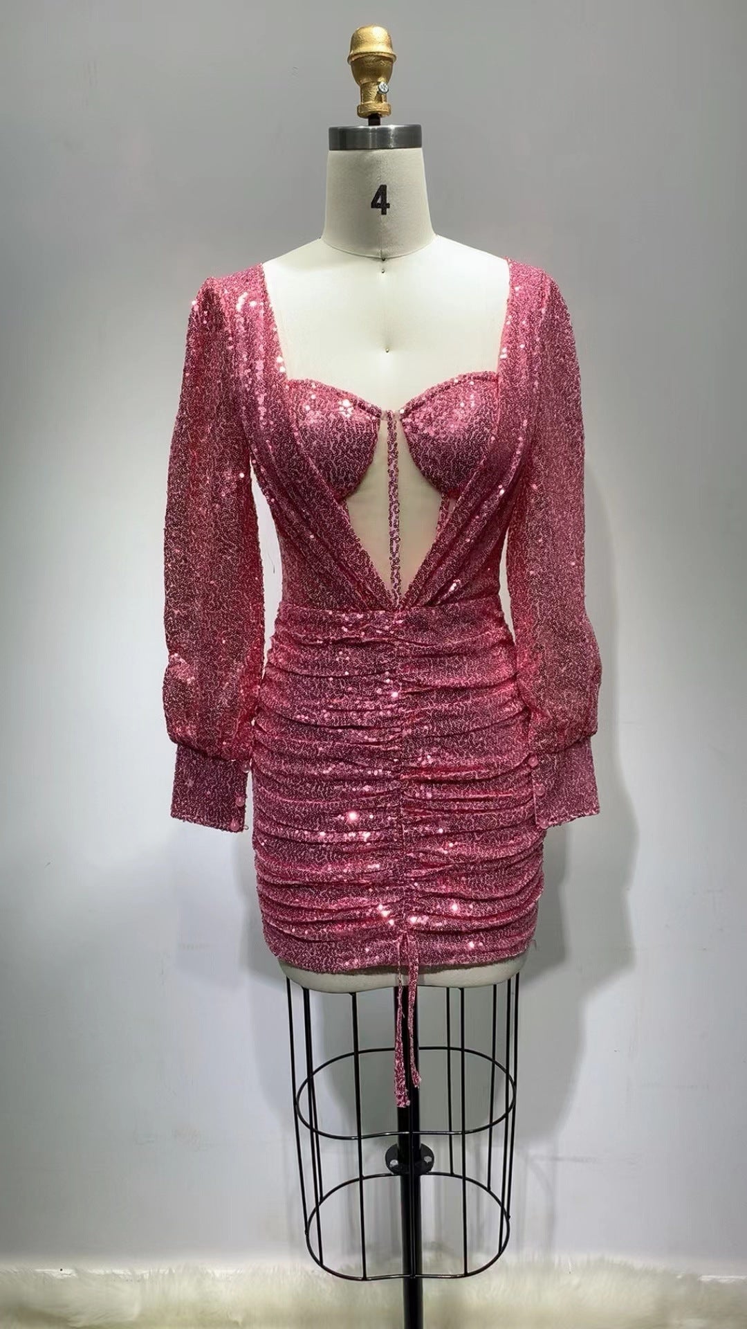 Ruched Cut Out Sequin Mini Dress in Pink