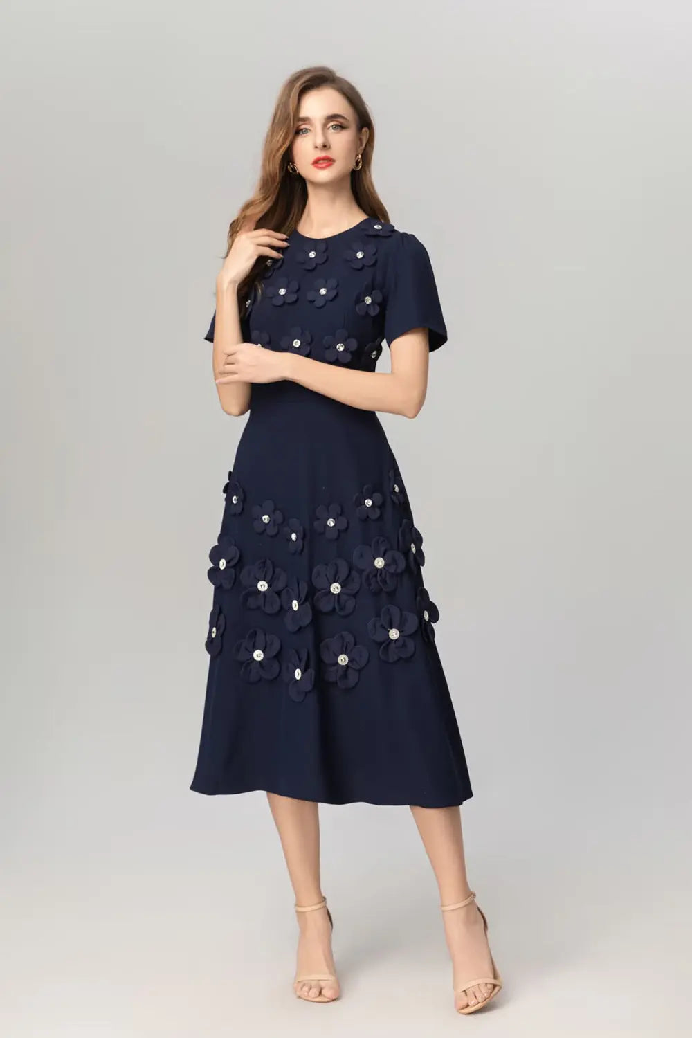 3D Flower Midi Dress in Navy Blue