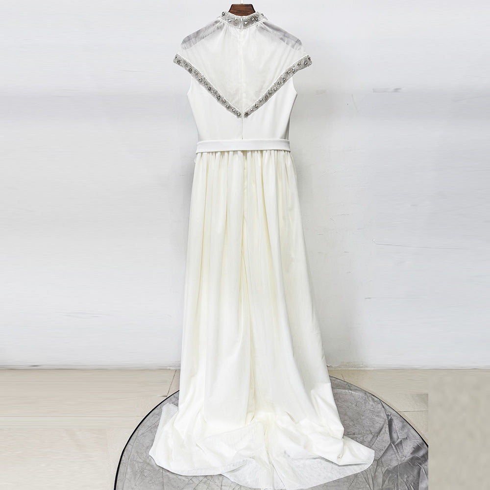 Mesh-Paneled Rhinestone-Embellished Maxi Dress - White