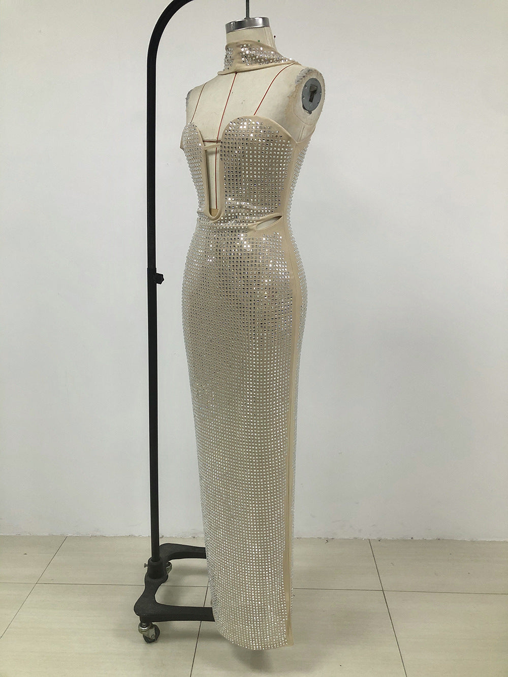 Silver Crystal Mesh Keyhole Cutout Gown