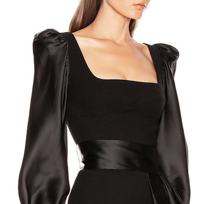 Black Square Neck Satin Mini Dress with Belt