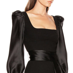 Black Square Neck Satin Mini Dress with Belt