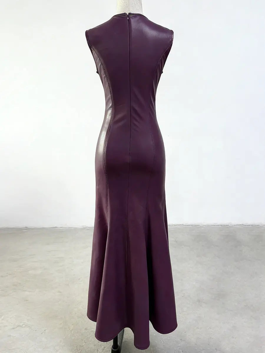 V-Neck Sleeveless Leather Maxi Dress in Burgundy