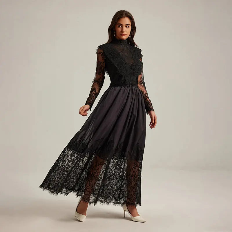 Flowerr Lace Embroidery Maxi Dress Set in Black