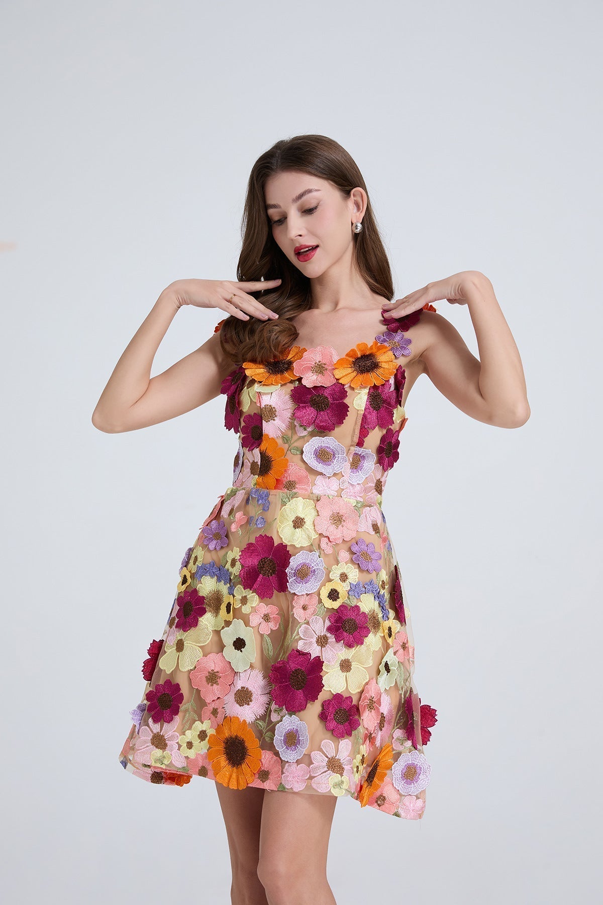 3d Floral Lace Mini Dress in Apricot