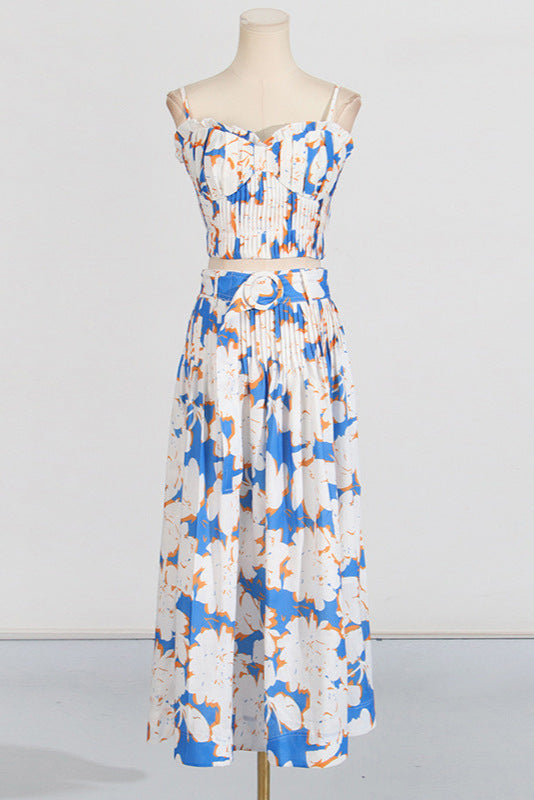 Floral-Print Linen Bustier Top Skirt Set in Blue
