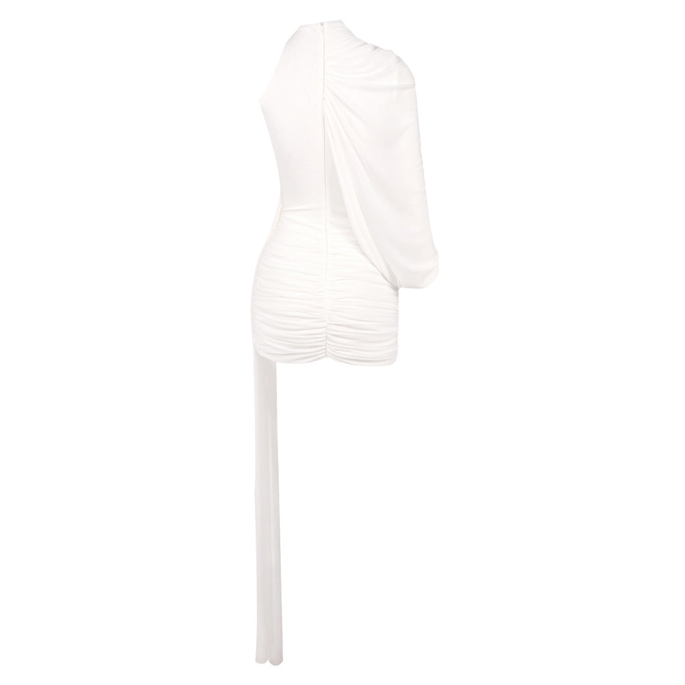 Off-Shoulder Single-Sleeve Bodycon Ribbon Mini Dress - White
