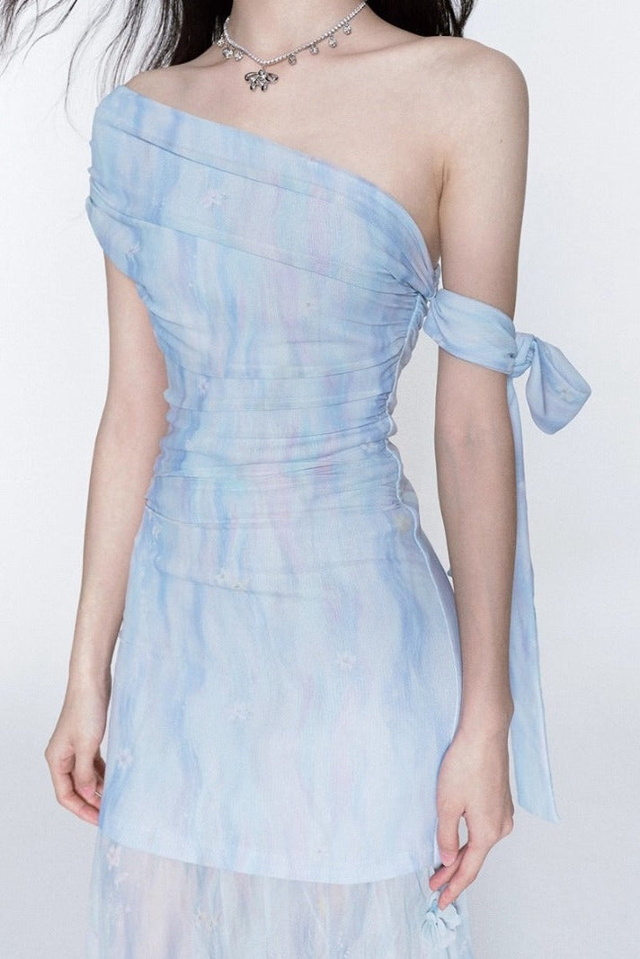One-Shoulder Slim Maxi Dress in Blue