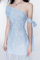 One-Shoulder Slim Maxi Dress in Blue