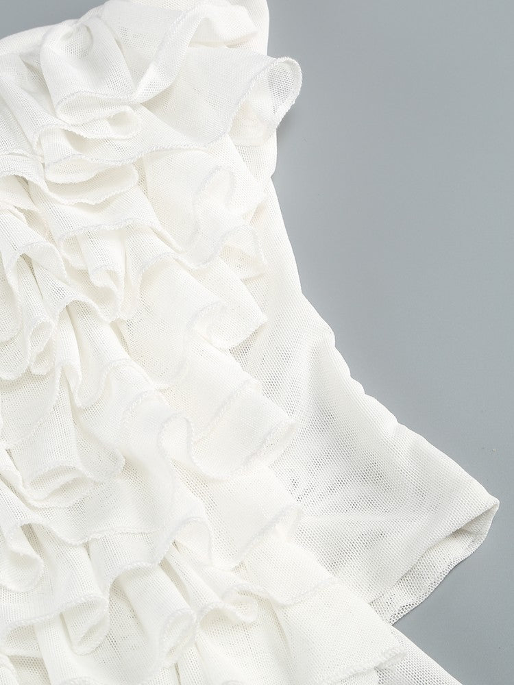 Halter Ruched Mesh Floral Mini Dress in White