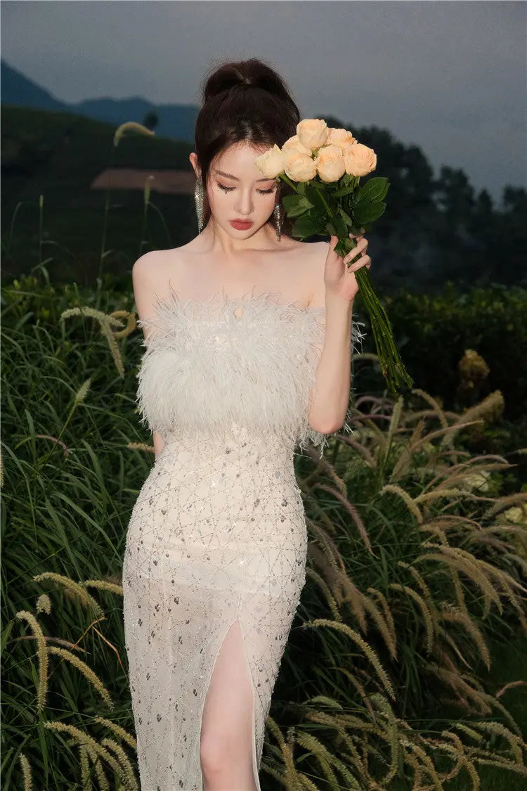 White Haute Couture Feather Sequin Dress