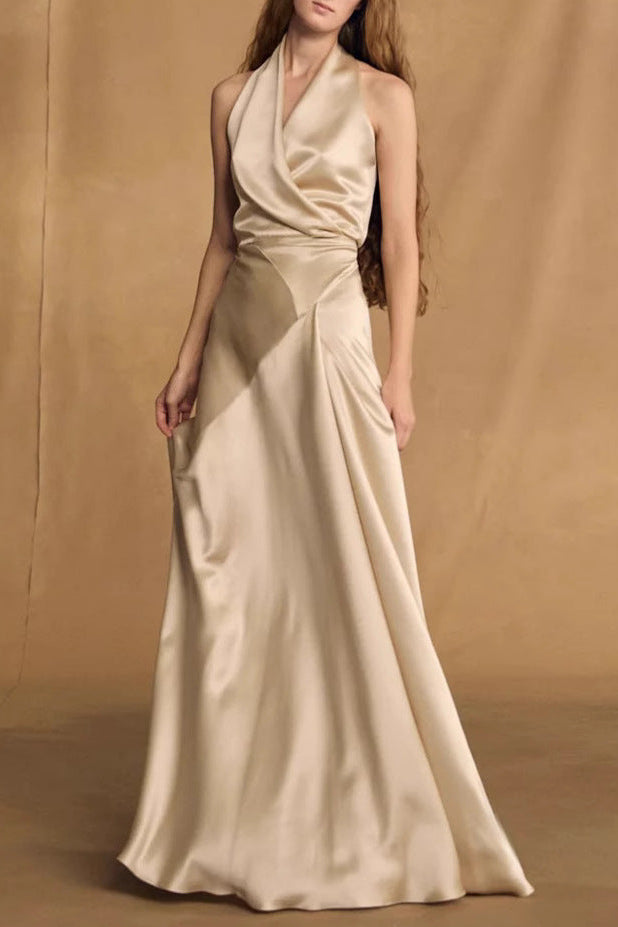 Champagne Crepe Bias-Cut Satin Halter Maxi Dress