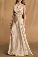 Champagne Crepe Bias-Cut Satin Halter Maxi Dress