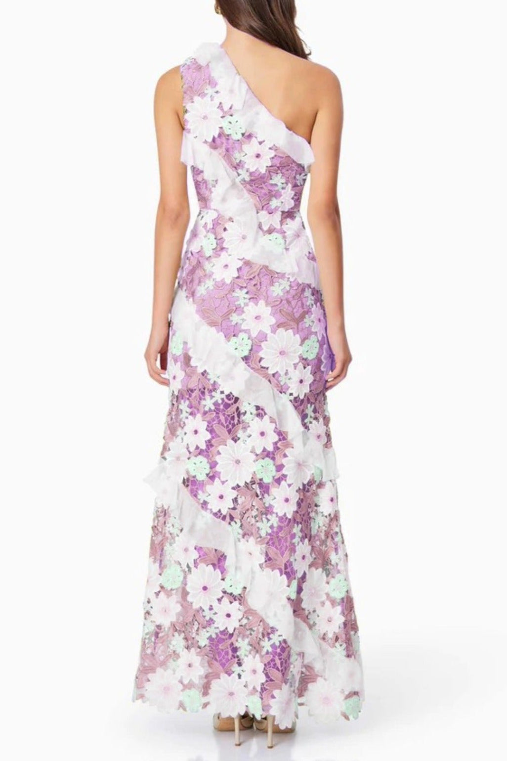 Floral One Shoulder Lace Maxi Dress in Purple