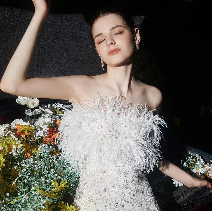 White Haute Couture Feather Sequin Dress