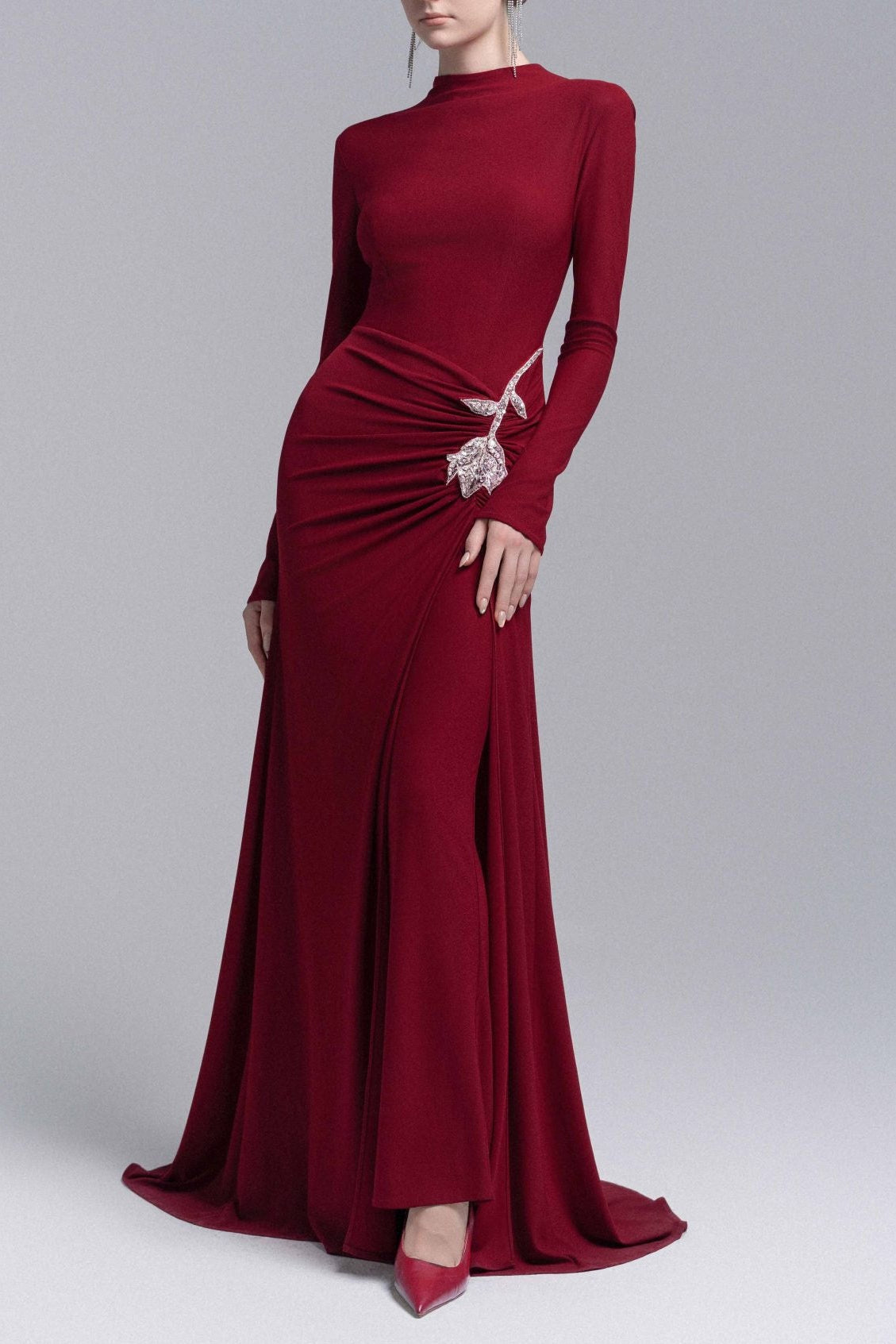 Rose Embellished Sheath Gown in Red