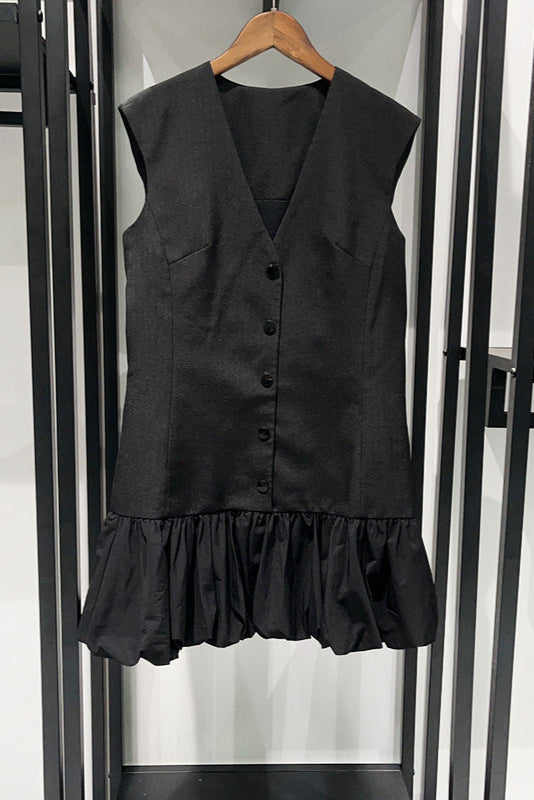 Button Front Bubble Hem mini Dress in Black