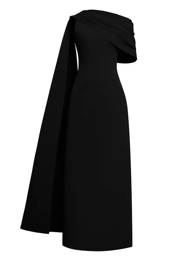 One-Shoulder Knit Asymmetrical Maxi Dress in Black