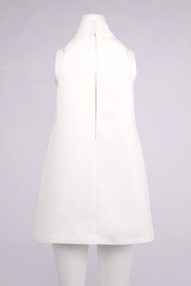 V-Neck Cutout Backless Crepe Halter Dress - White