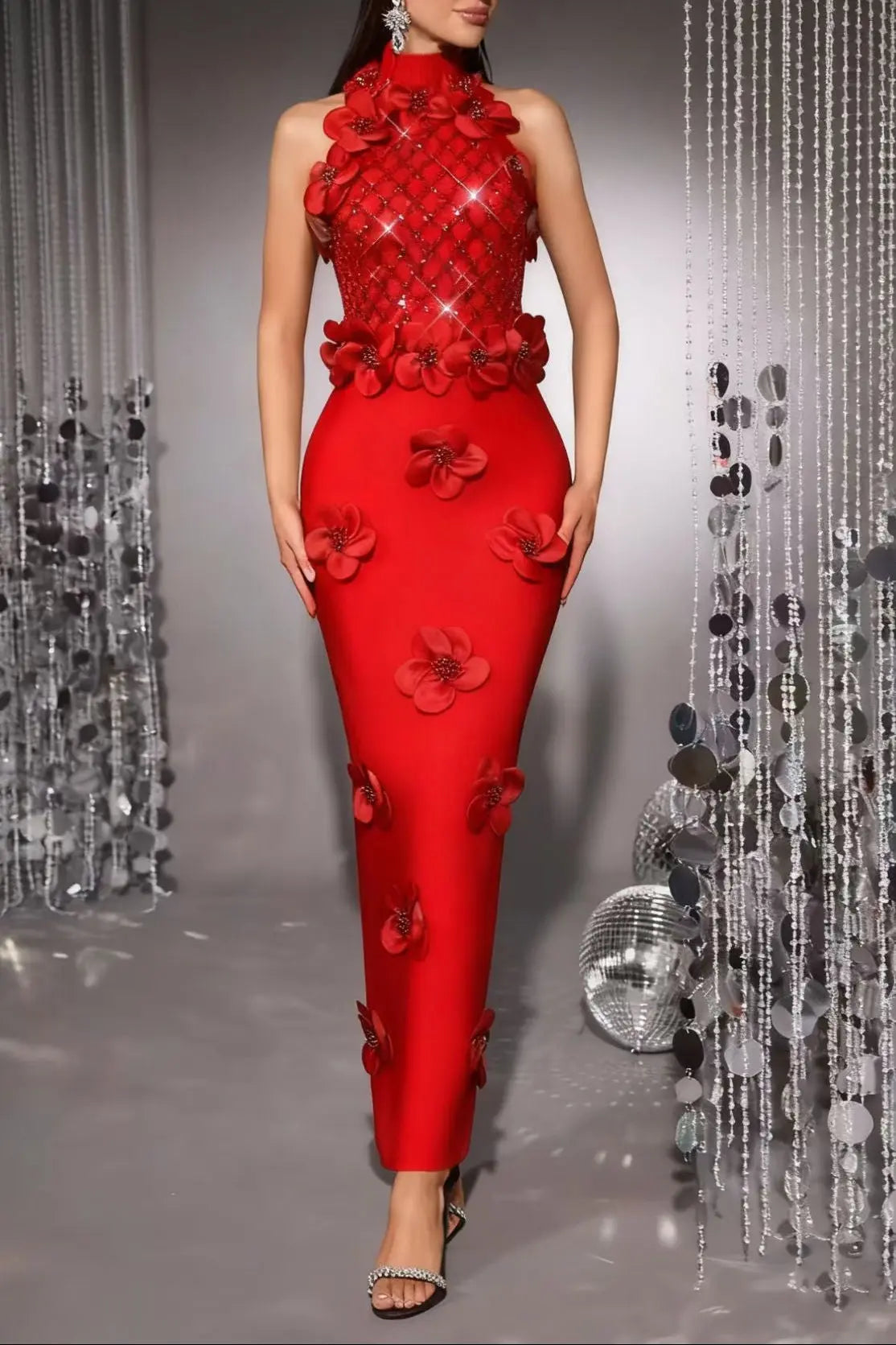3D Flower Sequin Halter Bandage Maxi Dress in Red