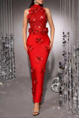3D Flower Sequin Halter Bandage Maxi Dress in Red