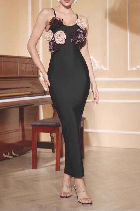 3D Flower Strap Maxi Dress in Black