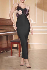 3D Flower Strap Maxi Dress in Black