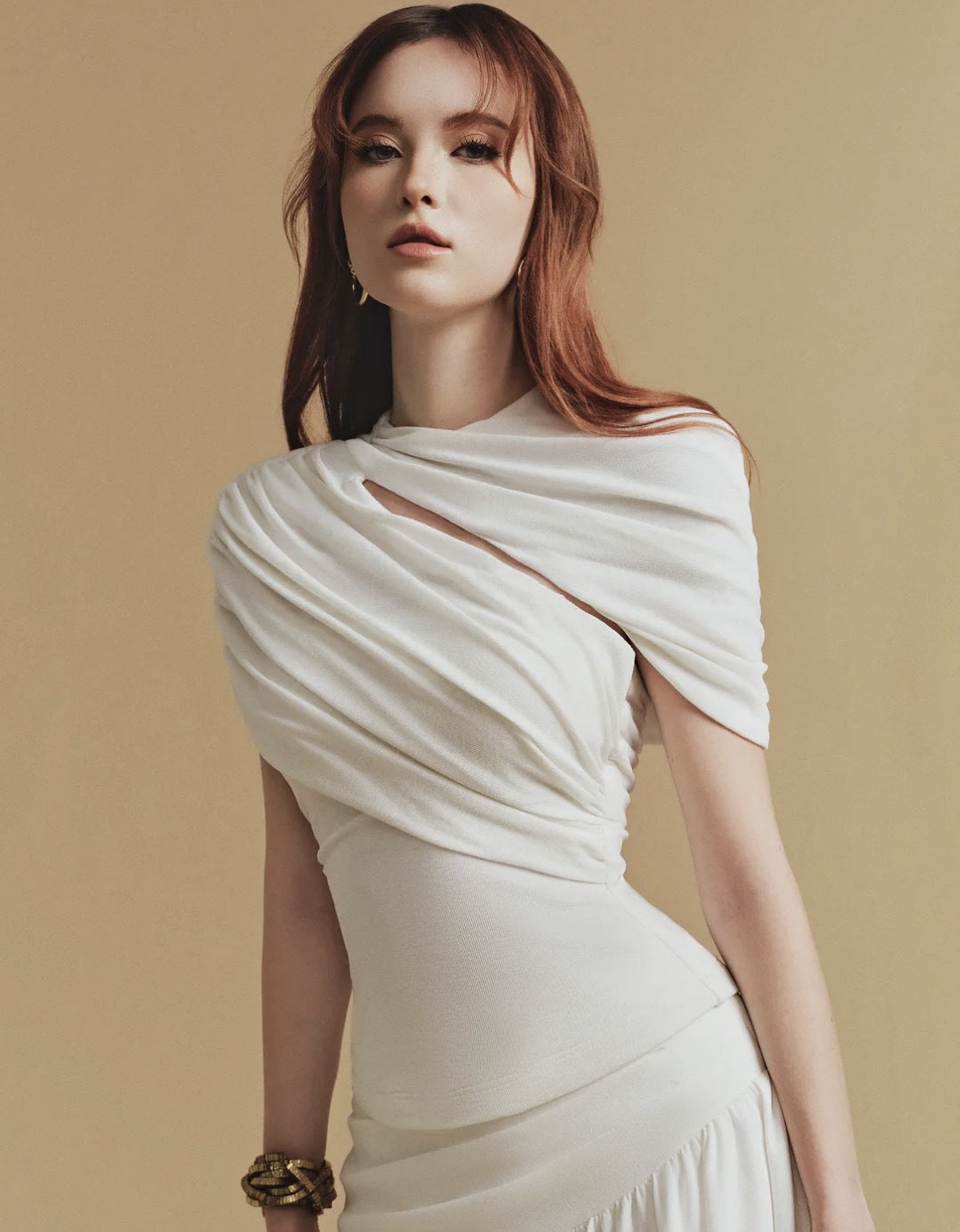 Asymmetrical Ruched Top Midi Skirt Set in White