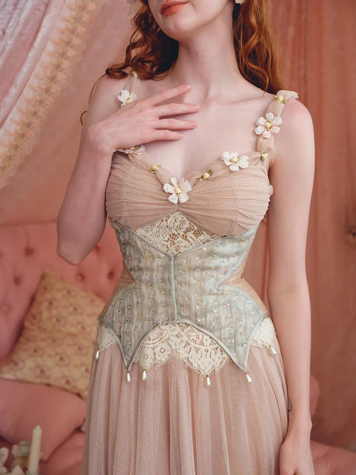 Sequin Lace Mesh Flower Detail Maxi Dress in Cream Pink