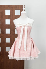 Woven Lace Top Mini Dress in Pink