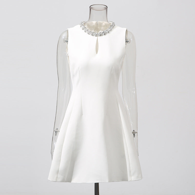 Round Neck Diamond Sleeveless Dress in White