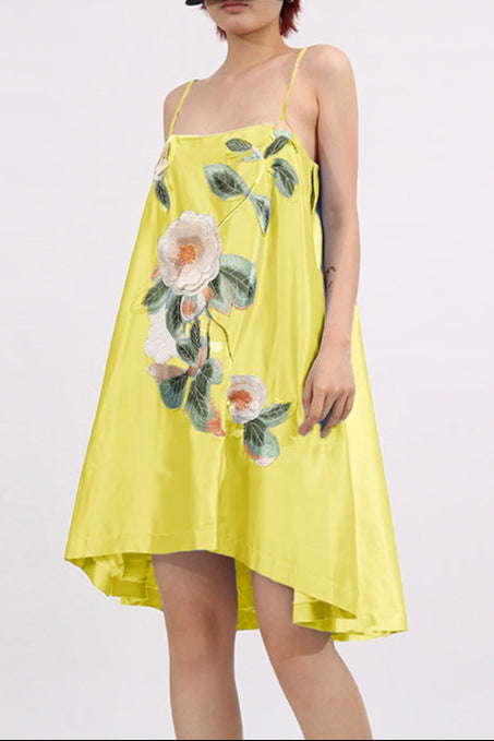 Floral Embroidered Mini Dress in Yellow