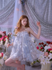Light Blue Sleeveless Flower Diamond Short Doll Dress