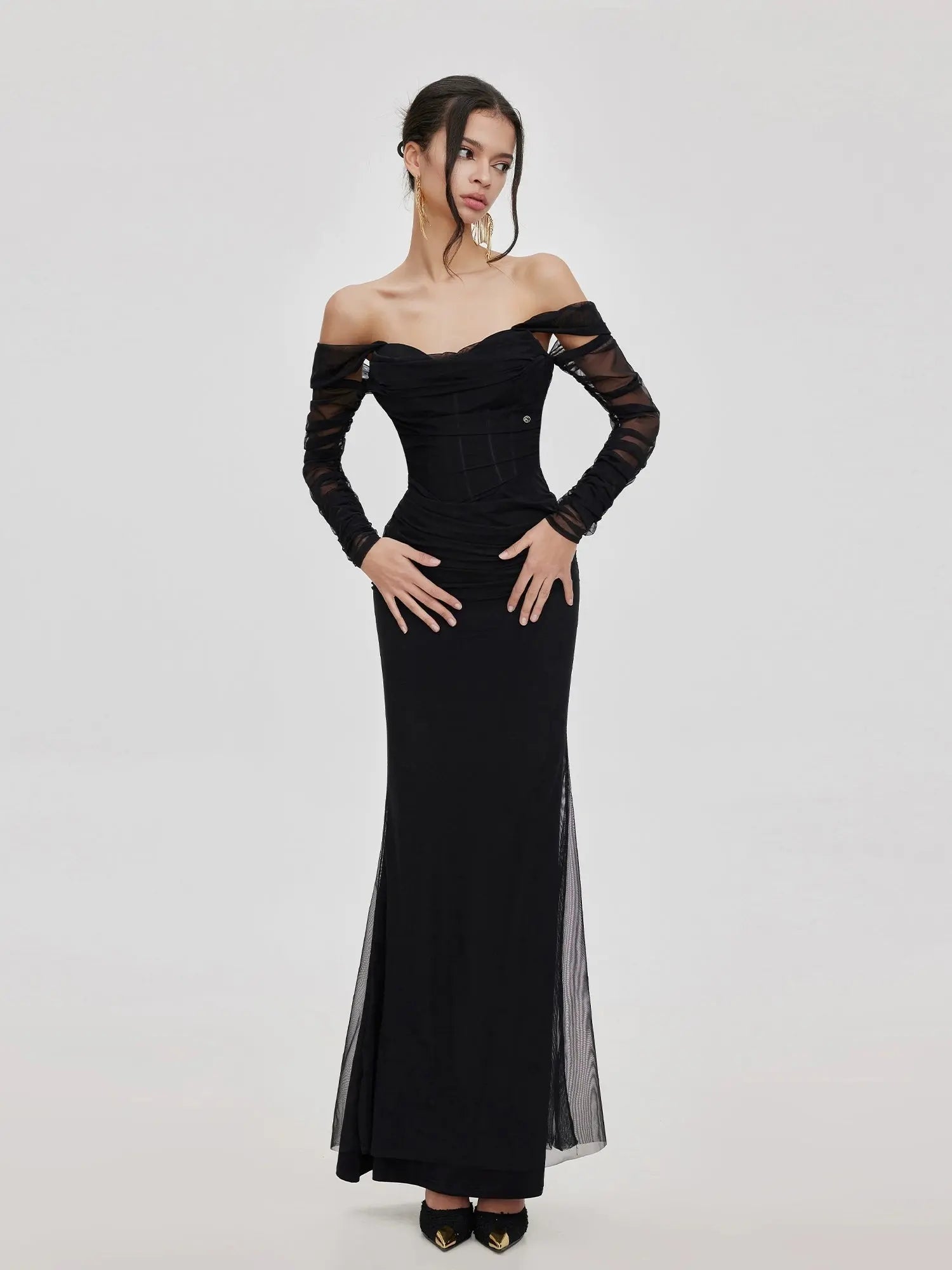 black Mesh Off-Shoulder Maxi Dress