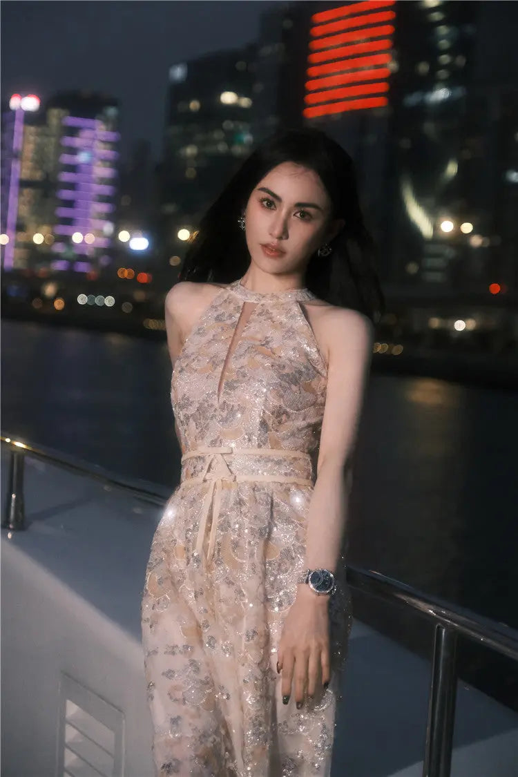 Gold Couture with Floral Embroidery Sequin Banquet Dress
