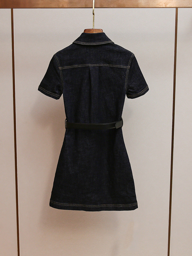 Denim Crystal Trim Mini Dress in Black