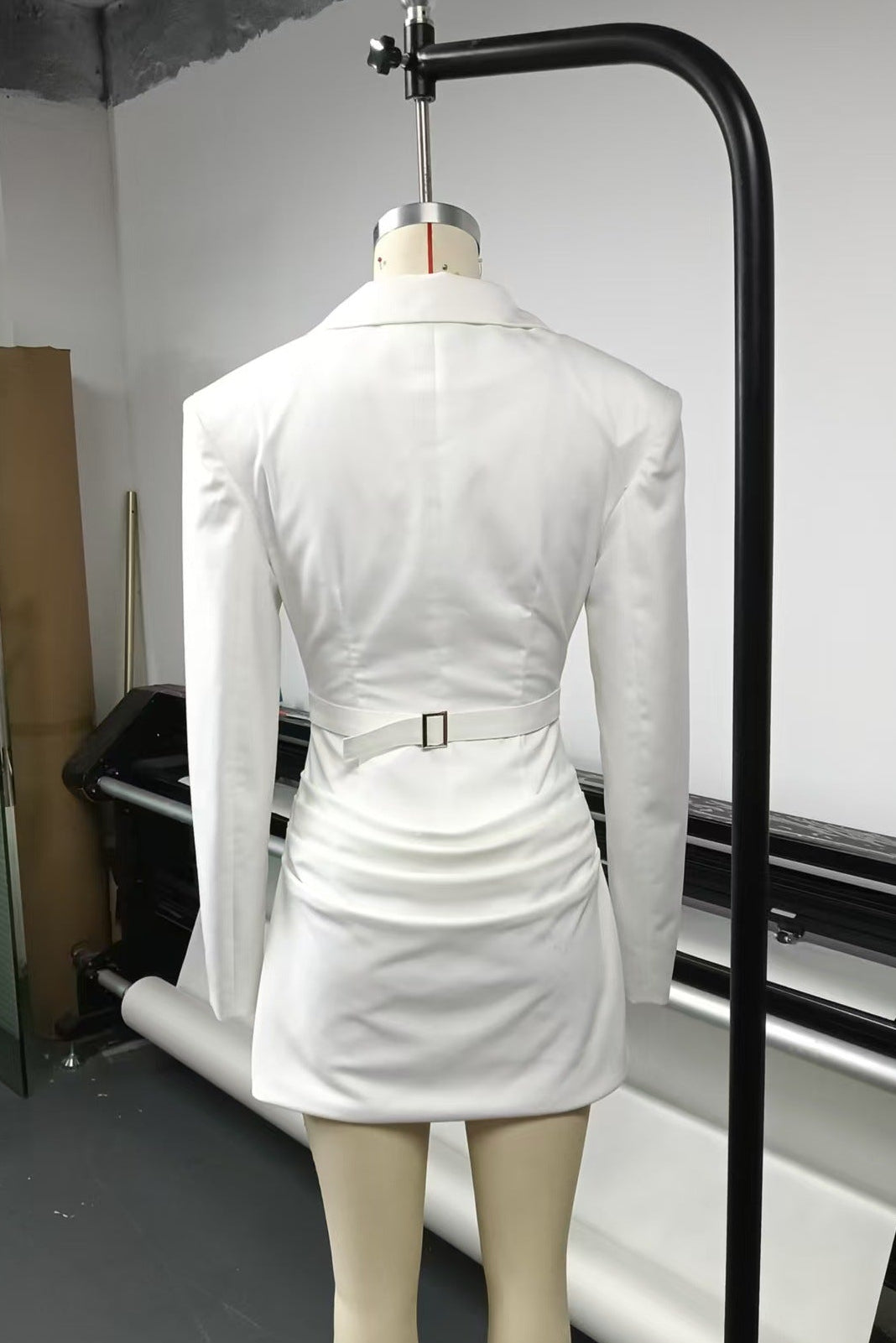 V-Neck Ruched Blazer Mini Dress in White