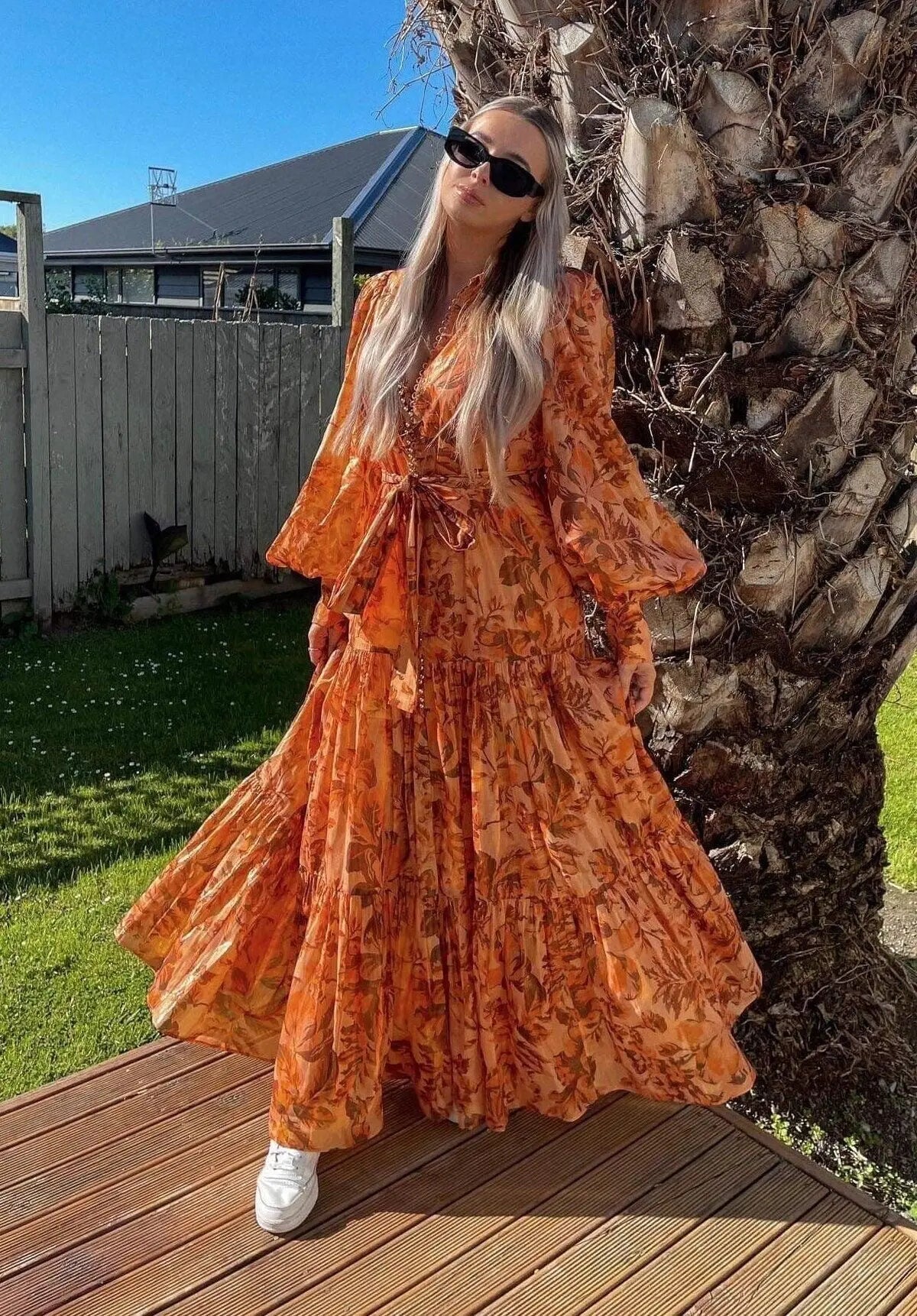 Printed Balloon Sleeve Maxi Dress in Brown