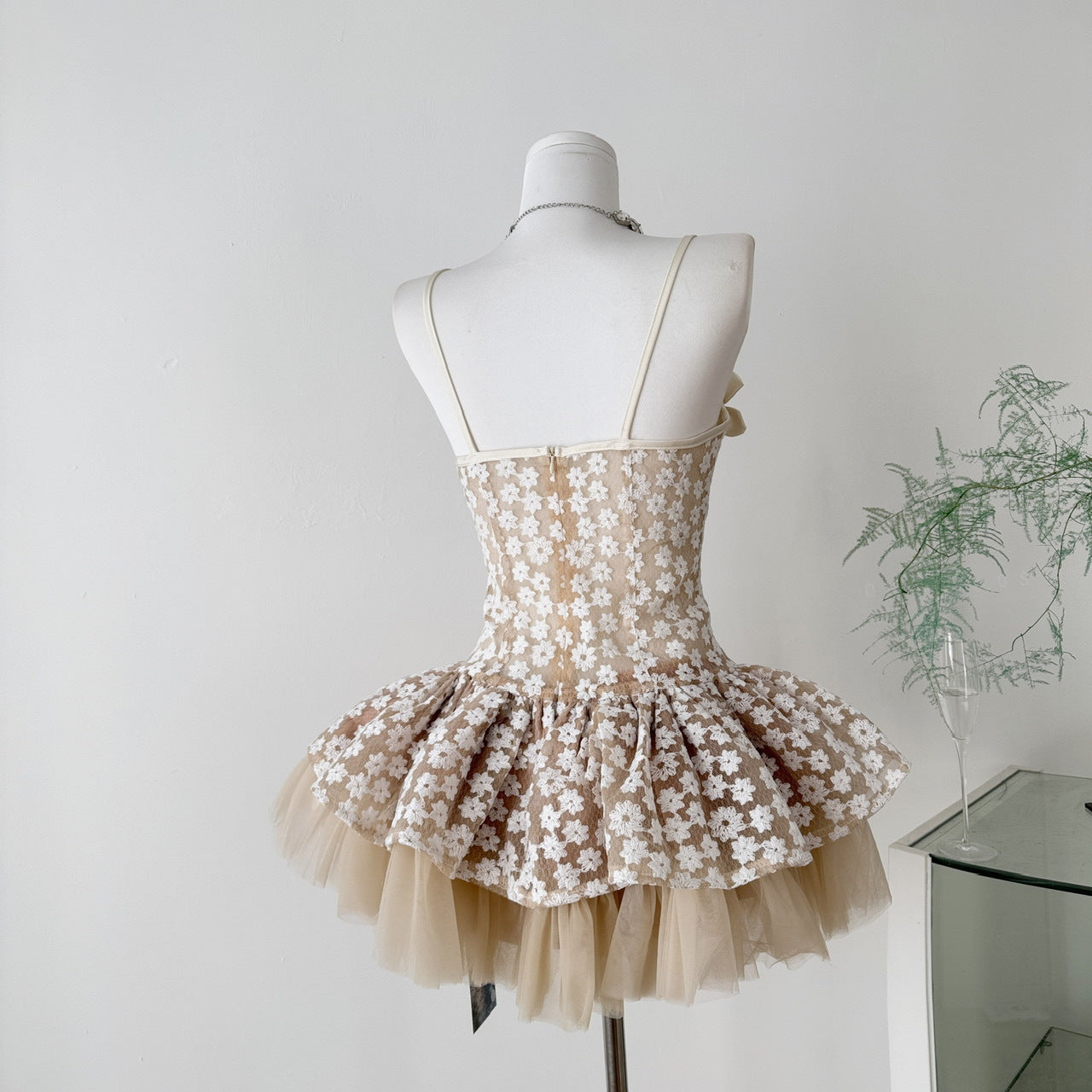 Lace-Trim Floral-Decorated Slip Mini Dress in Apricot
