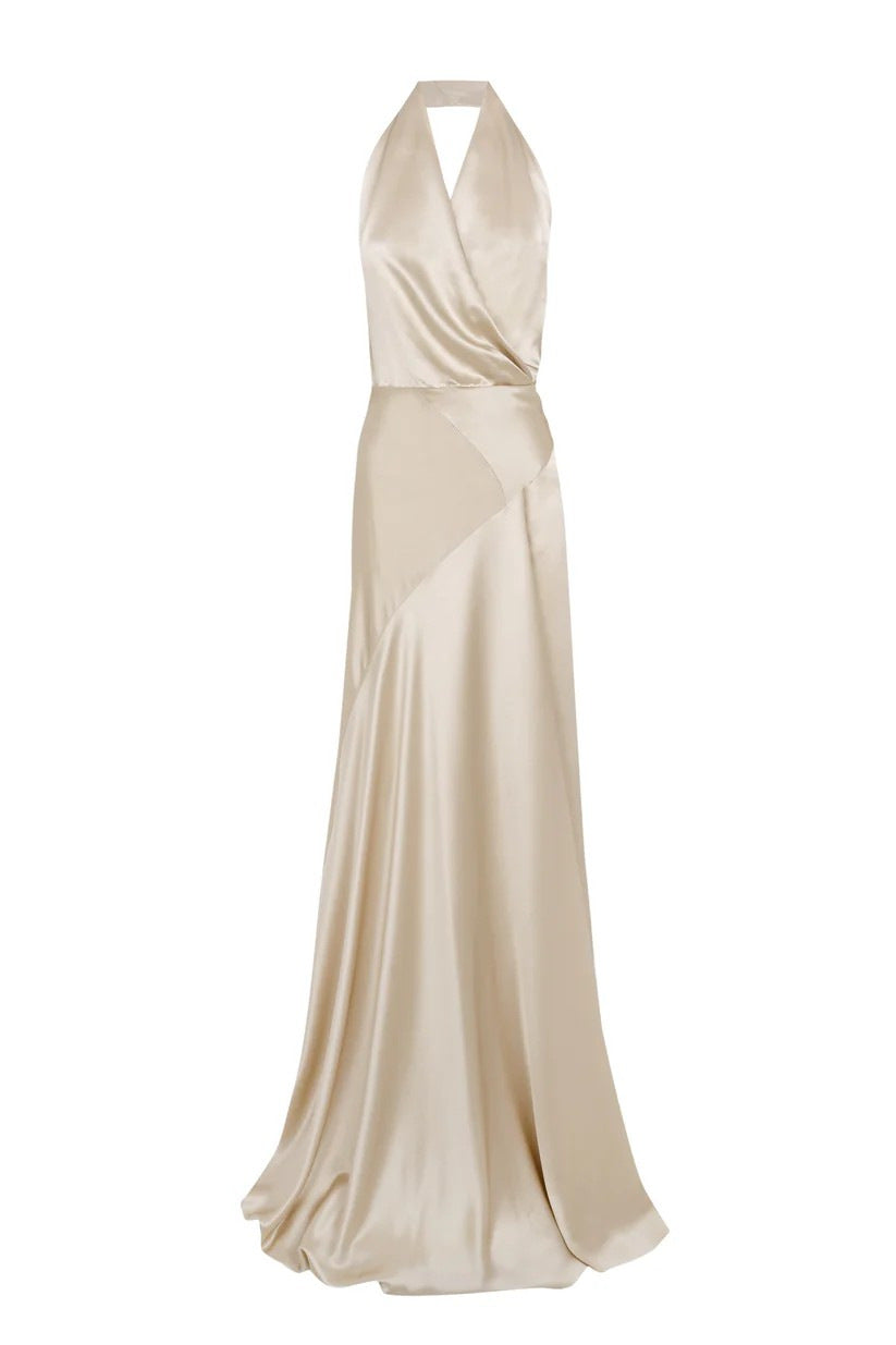 Champagne Crepe Bias-Cut Satin Halter Maxi Dress