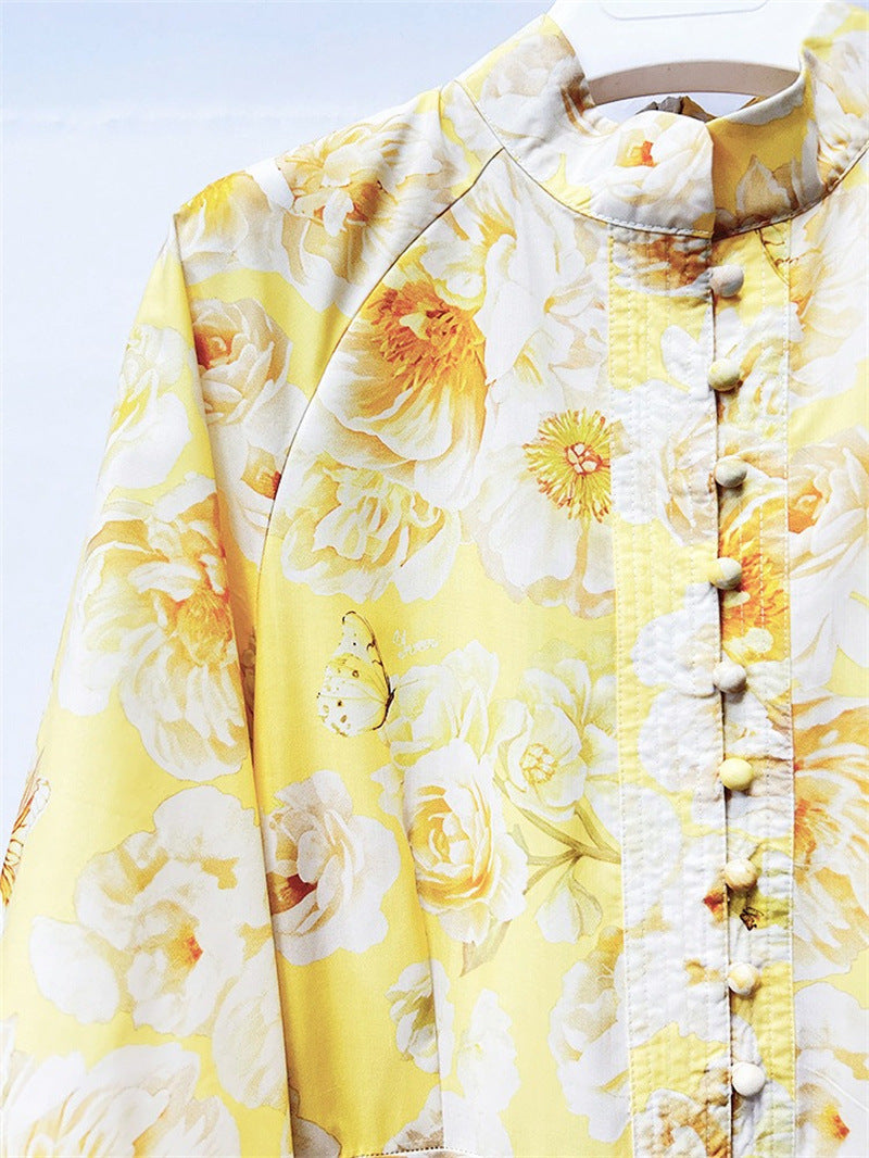 Long Sleeve Floral Printed Maxi Dress in Yellow