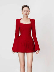 Red Square Neck Long Sleeve A-Line Mini Dress